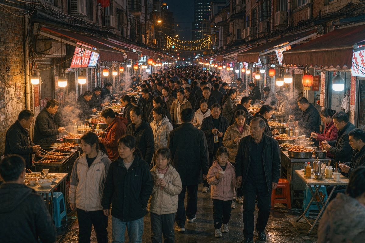 Nighttime street food market with glowing stalls
