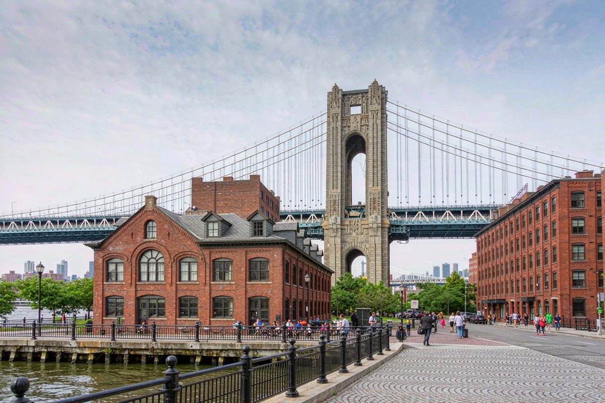 Manhattan Bridge from a cobblestone waterfront